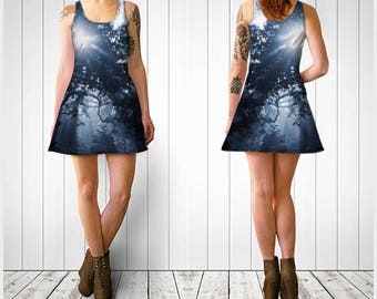 Tree Print Fit and Flare Dress, Ethereal Sunbeams Through Trees Skater Dress, Reversible Digital Print Nature Photo Spandex Mini Dress