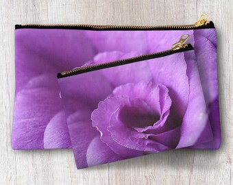 Purple Flower Zipper Pouch, Make Up Evening Bag, Accessories Clutch, Cosmetic Bag Floral Personalized Bridesmaid Best Friend gift