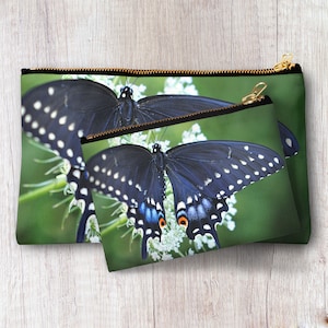 Bolsa com zíper borboleta, bolsa de noite rabo de andorinha preta, bolsa de cosméticos, bolsa de acessórios, bolsa pequena para tablet, estojo para lápis, bolsa floral