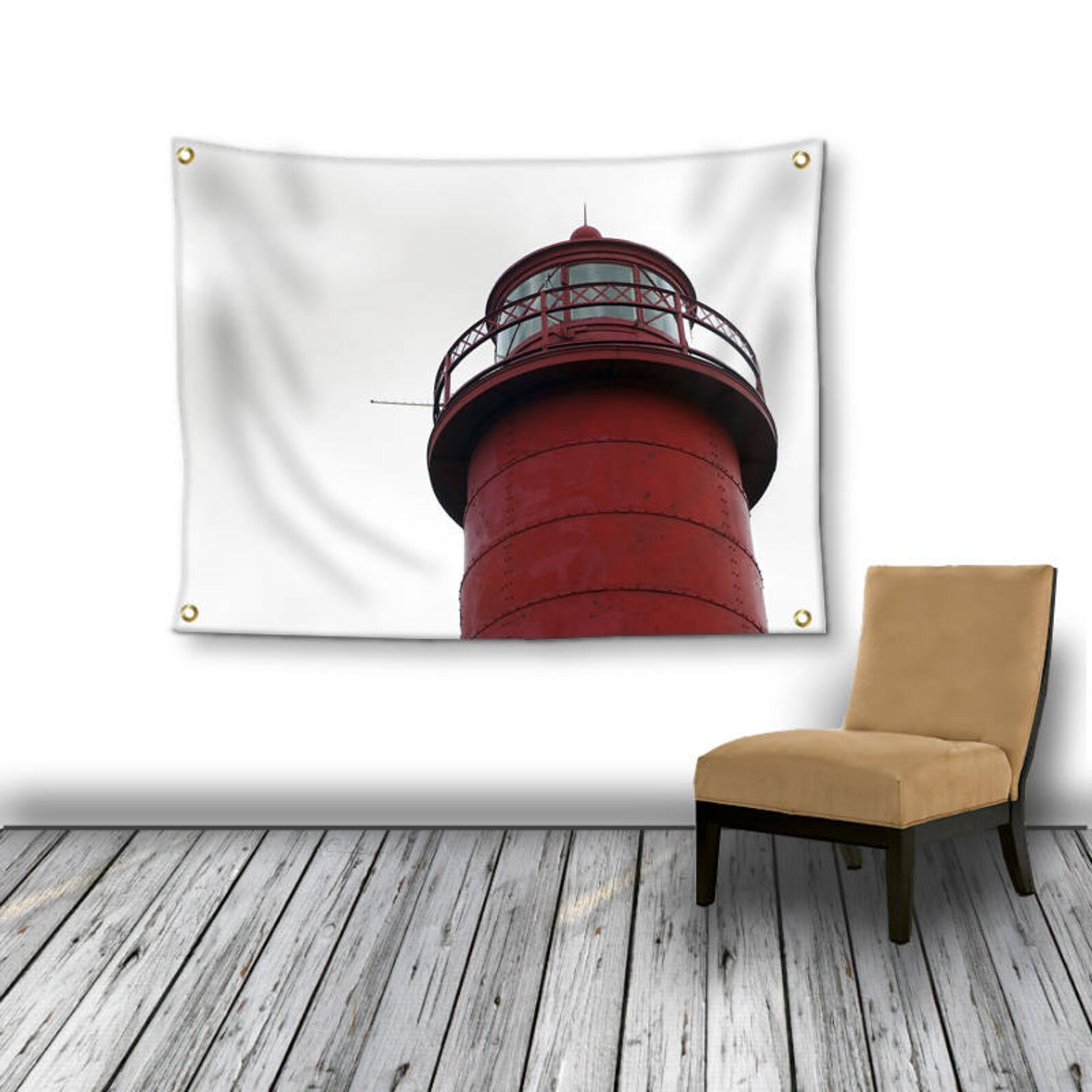 Red Lighthouse Tapestry Wall Hanging, Red and White Photo Tapestry