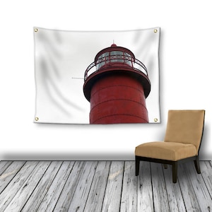 Red Lighthouse Tapestry Wall Hanging, Red and White Photo Tapestry, Coastal Tapestry Wall Hanging, Bohemian Dorm Room Wall Decor