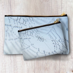 Blue Cobweb Zipper Pouch, Dew Drops on a Spiderweb Makeup Evening Cosmetic Bag, Accessories Clutch, Personalized Bridesmaid Best Friend gift