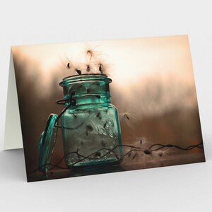Still Life Photo 5x7 Blank Note Cards, Set of Three Note Cards, Milkweed Seeds in a vintage Blue Jar Fine Art Blank Card