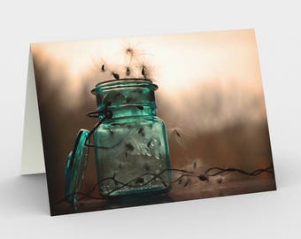 Still Life Photo 5x7 Blank Note Cards, Set of Three Note Cards, Milkweed Seeds in a vintage Blue Jar Fine Art Blank Card