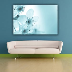 Cyan Blue Flower Photograph, Pear Blossom Decor, Teal Turquoise Floral Photo Print, Fine Art Nature Photography, Horizontal Wall Art