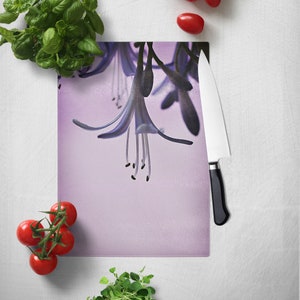 Purple Flower Glass Kitchen Cutting Board, Nature Photo Trivet Hot Pad, Gift for a chef cook, Lavender Floral Hostess Gift