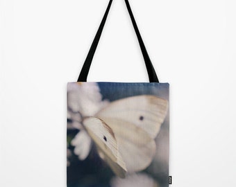 White Butterfly Canvas Tote Bag, Butterfly Photo Printed Beach BAG, Ethereal Butterfly Print Shoulder bag
