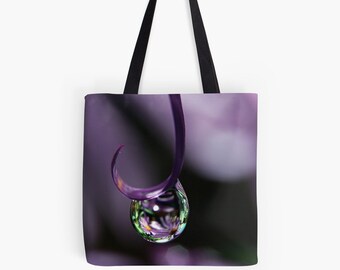 Purple Tote Bag, Water Drop Tote Bag, Reusable Purple Tote bag, Floral Book Bag, Canvas Market Tote Bag, Fine Art Flower Photo Tote Bag