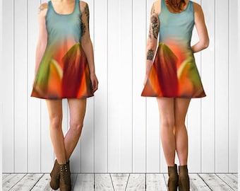 Orange Flower Flare Dress, Floral Skater Dress, Reversible dress, Digital Print Spandex Mini Dress