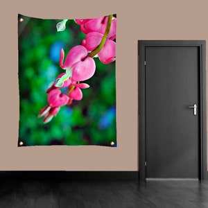Pink Flower Wall Tapestry, Bleeding Hearts Floral Photo Tapestry, Tapestry Wall Hanging, Large Wall Decor, Floral Garden Flag