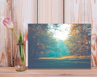 Teal AUtumn Sunrise Landscape Mini Table Top canvas, Nature Mini Giclee Canvas Art, Small Art on Canvas Print, Canvas Shelf Sitter