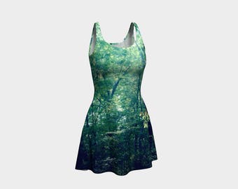Gothic Green Fit and Flare Flare Skater Dress, Forest Photo Reversible Spandex Mini Dress