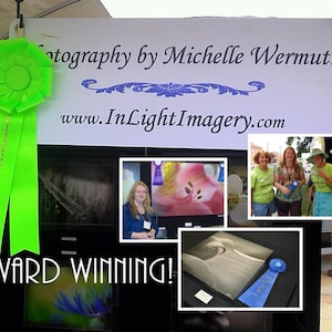 May include: A green ribbon with the text "Artist Awarding Achievement" hangs above a sign that reads "Photography by Michelle Wermuth" and "www.InLightImagery.com". The sign is surrounded by framed photographs of flowers, landscapes, and portraits. The text "Award Winning!" is displayed below the sign.