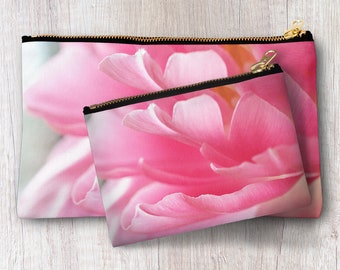 Flower Zipper Pouch, Floral Photo Printed Make Up Evening Bag, Cosmetic Accessories Clutch, Pink Personalized Bridesmaid Best Friend gift