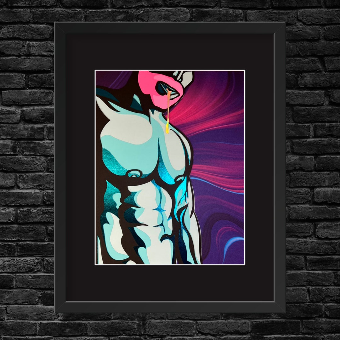 Buy Gay Muscle Man, Gay Art, Wall Art, Paper Collage / SPIT ON IT / Pink, Teal Metallic, Pink Waves- Homoerotic Pop Art - 3D Decor, Paper Art Online in India