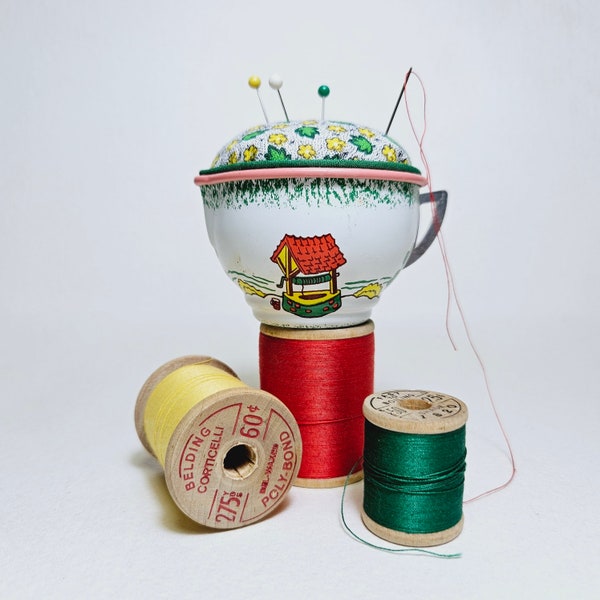 Pincushion made from Child's Vintage Tin Creamer, Ohio Art