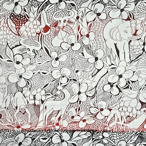 May include: A fabric textile featuring a dense, intricate black and white line art pattern of various animals including an elephant, a deer, and monkeys, interspersed with large floral motifs and foliage, with a subtle red gradient at the base.