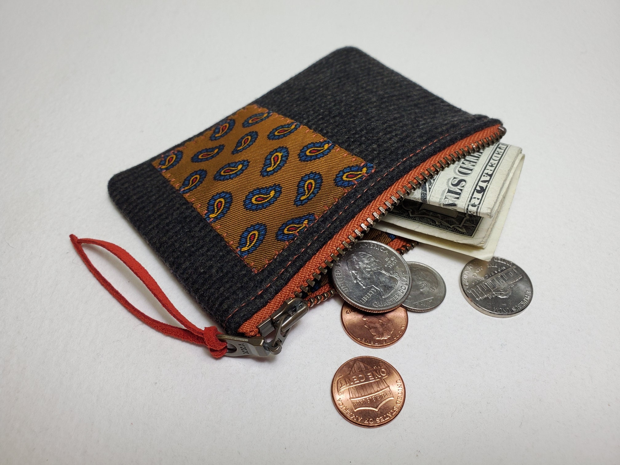Zipper Coin Purse in Black and Brown Stripe Wool and Lined Etsy