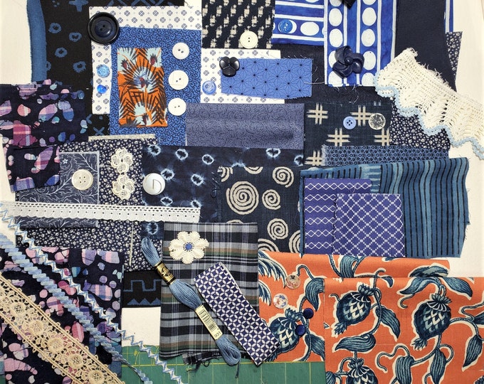 Mostly Blue Junk Journal, Textile Collage, Mixed Media Supply