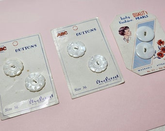 Vintage Mother-of-Pearl Buttons on Cards, Blue Bonnet and Lady Fashion