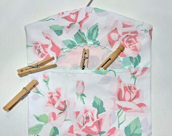 Vintage Tablecloth Hanging Clothespin Bag with Pink Roses