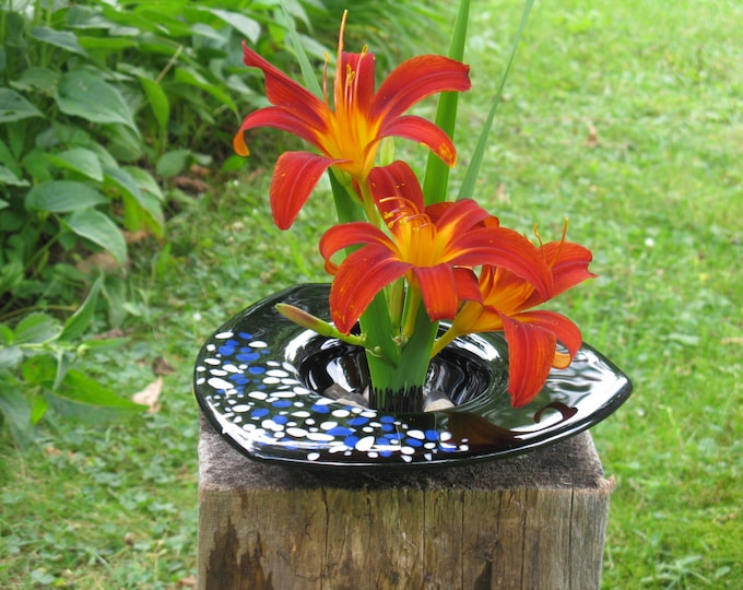 Glass Vase, Ikebana Vase, Three Sided Fused Art Glass Ikebana Vase With