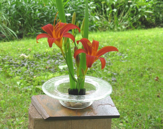 Ikebana Vase Clear Round Art Glass Ikebana Vase With Slate Etsy