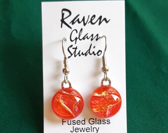 Red dichroic glass earrings, Red Fused glass earrings, Art glass earrings, Red Dangle earrings, Kiln fired glass earrings,  EA368