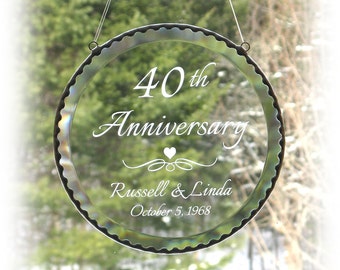 40th Anniversary, Wedding or Birthday Round Bevel Suncatcher, 6" Custom engraved clear glass window hanging, Engraved glass, C105