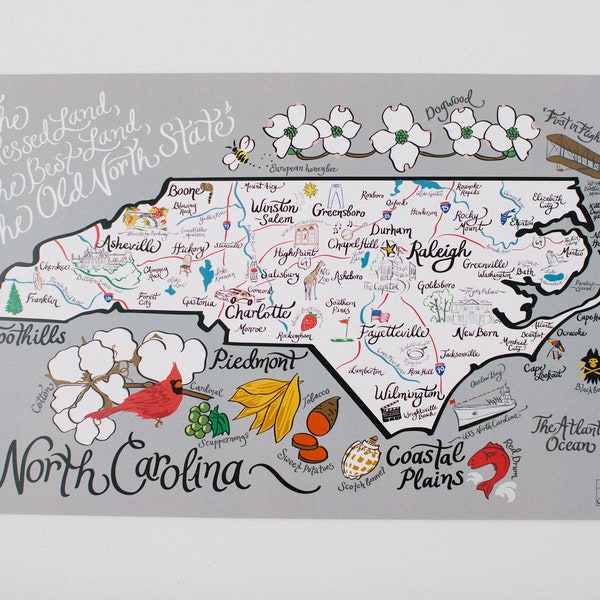 North Carolina Map Print 17"x11"