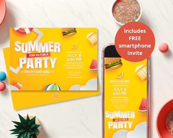 Summer BBQ Party Invite | Beach Party | Editable Canva Template | Printable, e-Invite, Smartphone Invite | Digital Download
