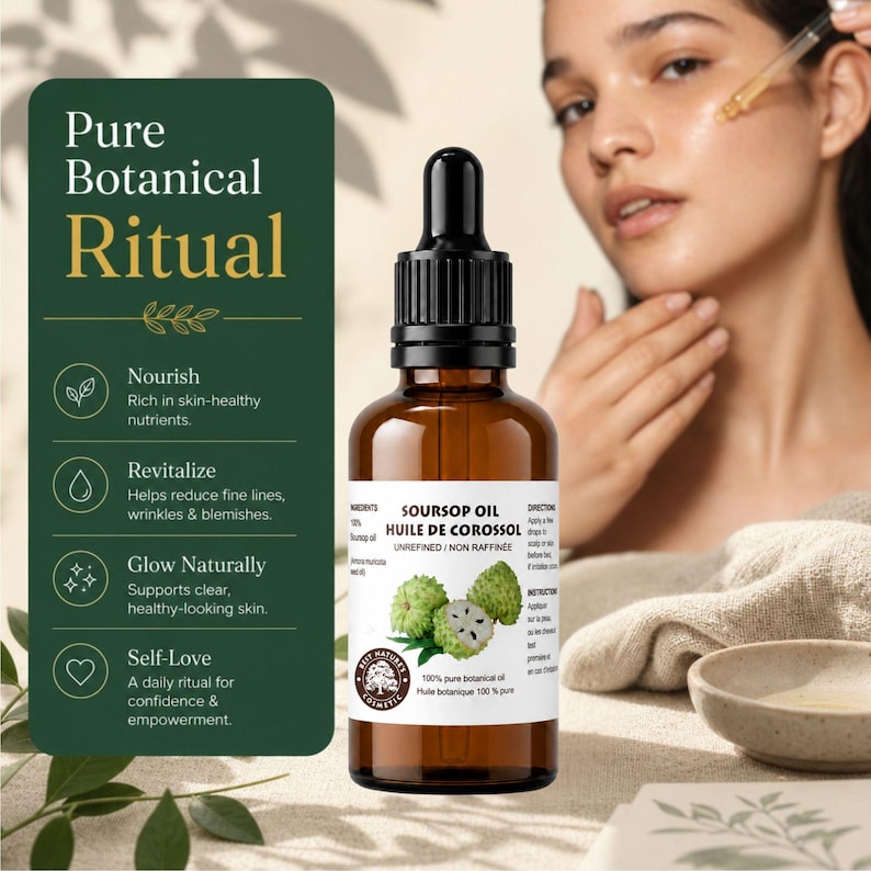 Bottle next to deep green ritual panel and model gently applying oil, graviola face oil ritual vibe