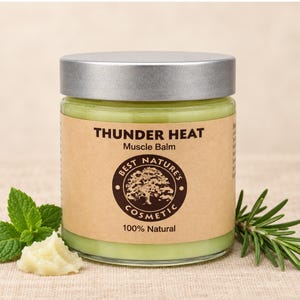 Könnte beinhalten: Ein Glasgefäß mit Thunder Heat Muskelbalsam, silbernem Deckel und beigem Etikett. Das Etikett zeigt ein Baumlogo, den Text Best Nature's Cosmetic und 100% Natural. Der Balsam im Inneren ist hellgrün, begleitet von frischer Minze und Rosmarin.