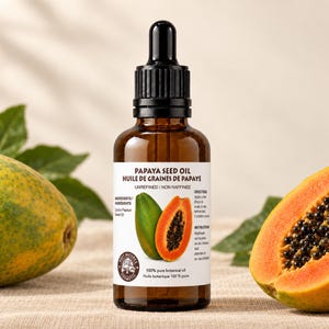 May include: An amber glass dropper bottle containing Papaya Seed Oil. The white label features the text Papaya Seed Oil, Huile de graines de papaye, Unrefined, and lists ingredients and directions. A black dropper cap sits atop the bottle.