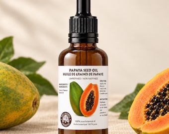 May include: An amber glass dropper bottle containing Papaya Seed Oil. The white label features the text Papaya Seed Oil, Huile de graines de papaye, Unrefined, and lists ingredients and directions. A black dropper cap sits atop the bottle.