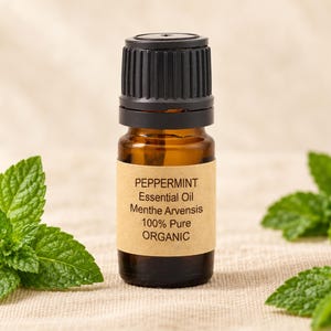 May include: A small amber glass bottle of peppermint essential oil with a black ribbed cap. The tan label features the text: PEPPERMINT, Essential Oil, Menthe Arvensis, 100% Pure, ORGANIC. Fresh green mint leaves are positioned near the bottle.