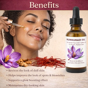 May include: A woman applying Kumkumadi Oil, an ancient Ayurvedic saffron oil, to her face. The product is in a brown glass bottle with a dropper. The label features a purple flower illustration. The image includes saffron threads and a purple flower.