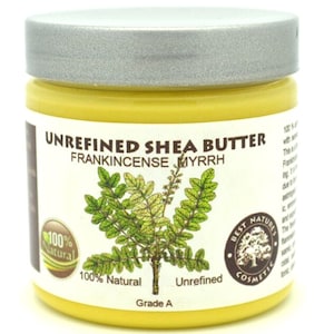 Unrefined Frankincense Myrrh Shea Butter calms and soothes your body and mind. 5 floz / 150 ml