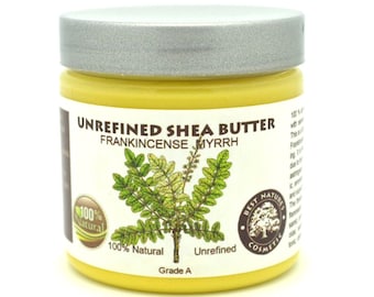 Unrefined Frankincense Myrrh Shea Butter calms and soothes your body and mind. 5 floz / 150 ml