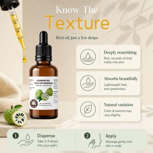 Dropper releasing golden oil, texture notes and benefits, pure soursop oil cold pressed illustration