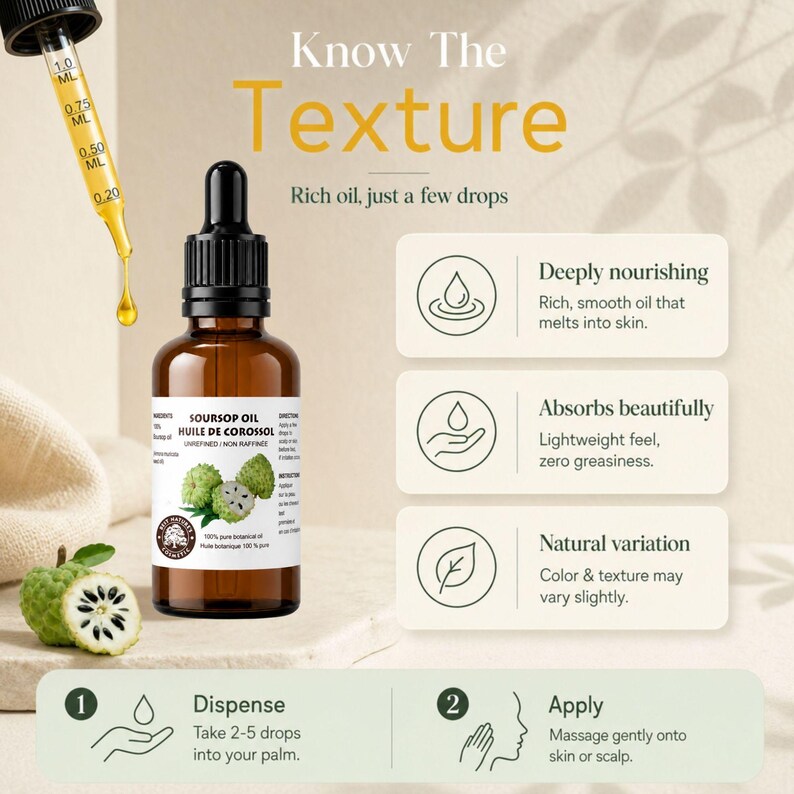 Dropper releasing golden oil, texture notes and benefits, pure soursop oil cold pressed illustration