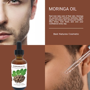 May include: A brown glass bottle with a dropper filled with Moringa oil. The bottle has a white label with the text "Moringa Oil" and "Wild Harvested Cold Pressed/Unrefined".