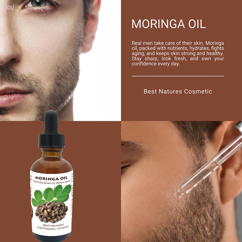 May include: A brown glass bottle with a dropper filled with Moringa oil. The bottle has a white label with the text "Moringa Oil" and "Wild Harvested Cold Pressed/Unrefined".