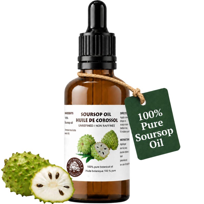 Amber bottle with green hang tag reading 100% pure soursop oil, virgin guanabana oil, natural label