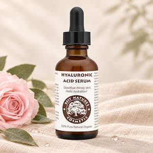 May include: A brown glass dropper bottle of Hyaluronic Acid Serum with a black cap. The white label features the text Hyaluronic Acid Serum, Goodbye thirsty skin, Hello hydration!, and Best Natures Cosmetic with a tree logo and 100% Pure Natural Organic.