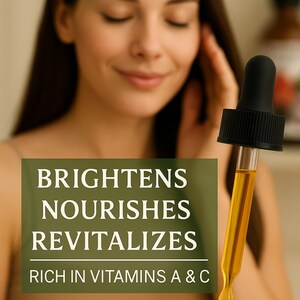 May include: A glass dropper bottle containing a golden yellow facial oil. A dark green rectangular label features the white text: BRIGHTENS NOURISHES REVITALIZES, followed by a horizontal line and the text: RICH IN VITAMINS A & C.