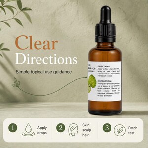 Bottle foreground with clear directions panel, icons for face body hair, soursop seed oil daily use