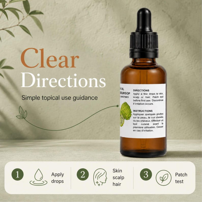 Bottle foreground with clear directions panel, icons for face body hair, soursop seed oil daily use