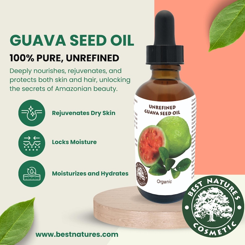 May include: A glass bottle of 100% pure, unrefined guava seed oil. The bottle has a green label with the text "UNREFINED GUAVA SEED OIL" and "Organic". The bottle is sitting on a wooden surface. The image also includes a green logo with the text "BEST NATURE COSMETIC".