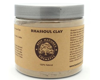 RHASSOUL CLAY used as pure, natural deep face cleanser, body wrap, exfoliates gently for all skins types especially sensitive or mature skin